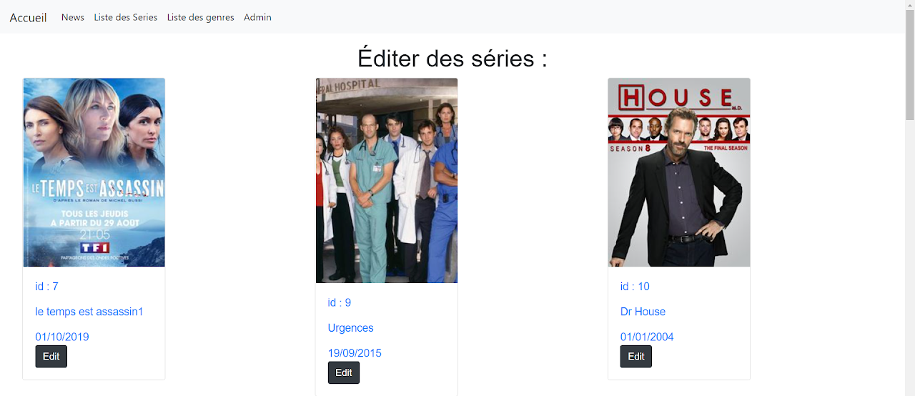 exemple de la liste des séries vu par l'admin